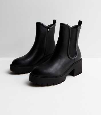 Wide Fit Black Leather-Look Chunky Block Heel Chelsea Boots