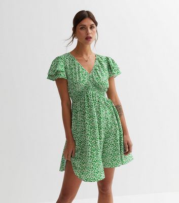 Blue Vanilla Green Floral Frill Sleeve Mini Dress | New Look