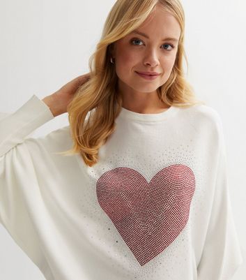 Blue Vanilla Off White Heart Diamanté Batwing Jumper