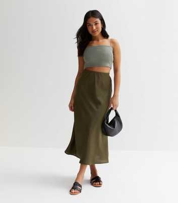 Petite Khaki Satin Bias Cut Midi Skirt