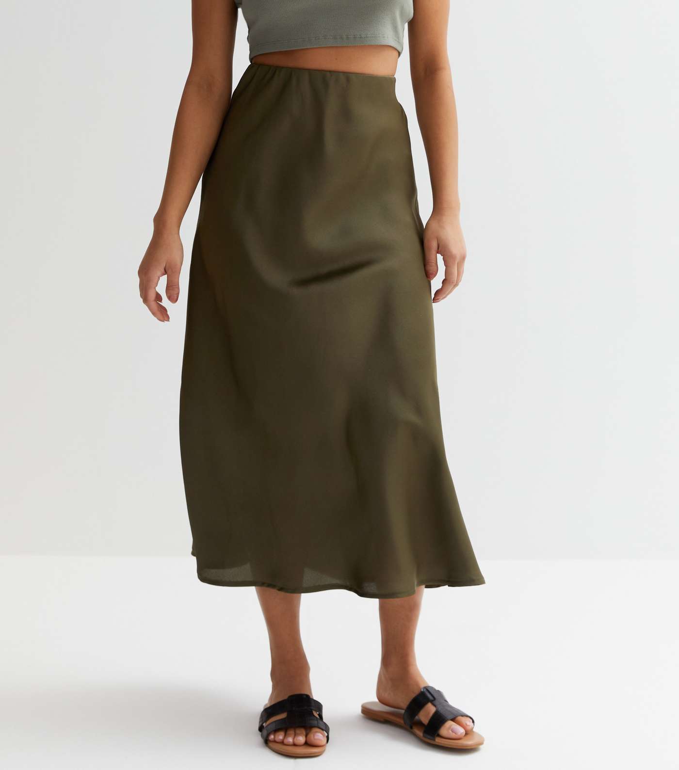 Petite Khaki Satin Bias Cut Midaxi Skirt Image 2