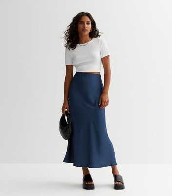 Petite Blue Satin Bias Cut Midi Skirt