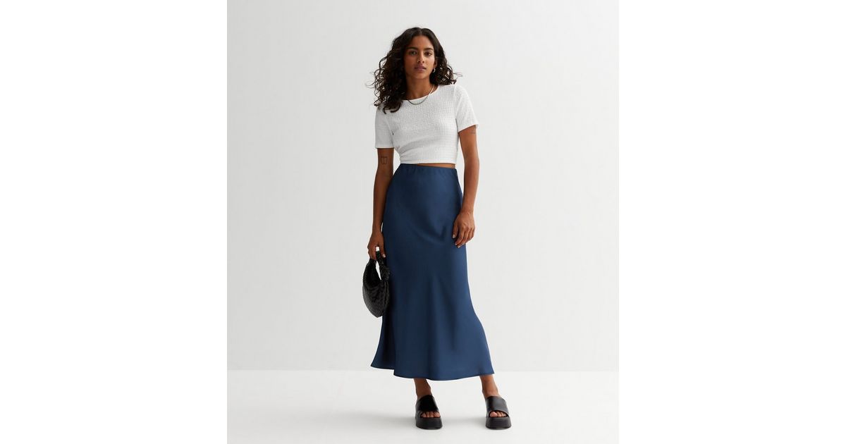 Petite Blue Satin Bias Cut Midi Skirt | New Look