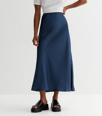 Petite Blue Satin Bias Cut Midi Skirt New Look