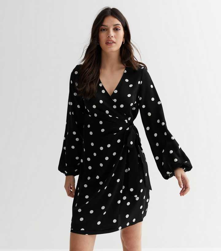 Gini London Black Polka Dot Mini Wrap Dress | New Look