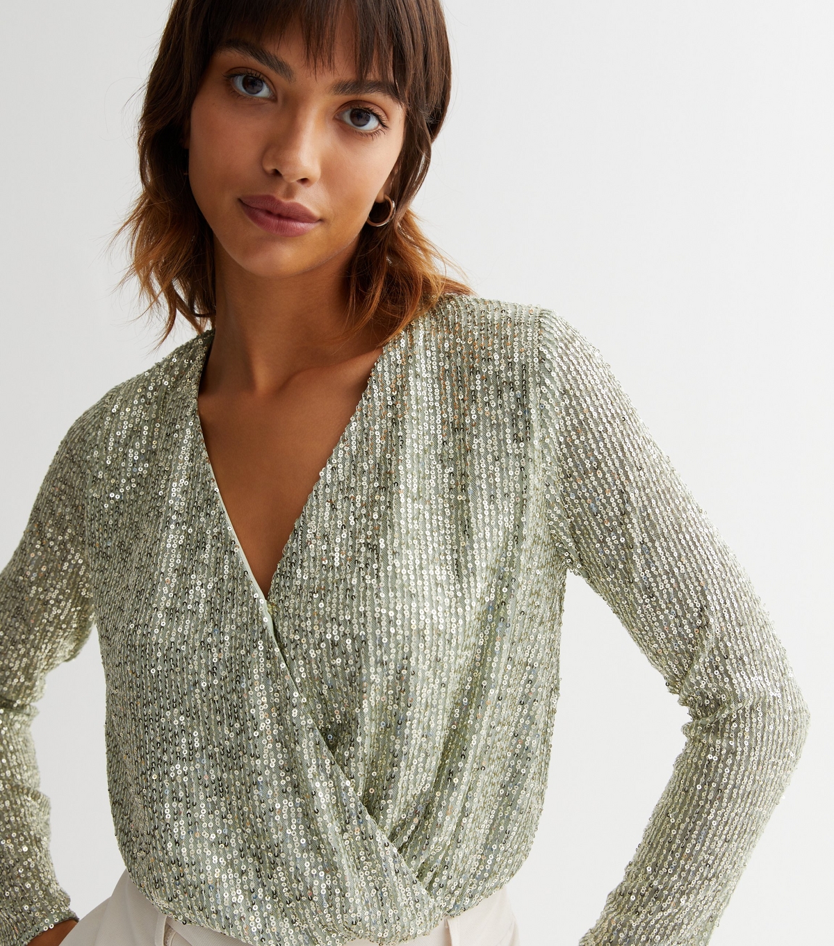 Women's Green Sequin Wrap Bodysuit Gini London New Look