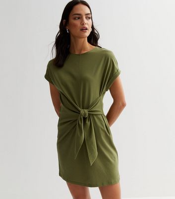 Khaki Cotton Tie Side Mini T Shirt Dress New Look