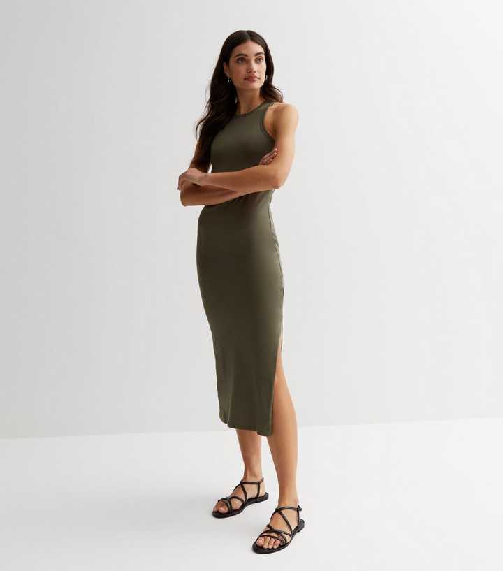 Khaki Racer Back Split Hem Midi Dress