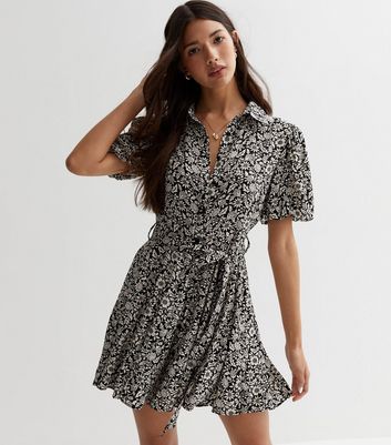 Black Floral Tie Waist Mini Shirt Dress New Look