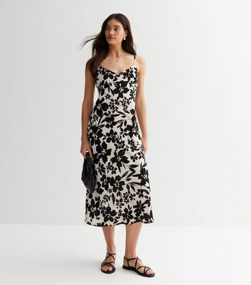 Off White Floral Satin Strappy Midi Dress New Look