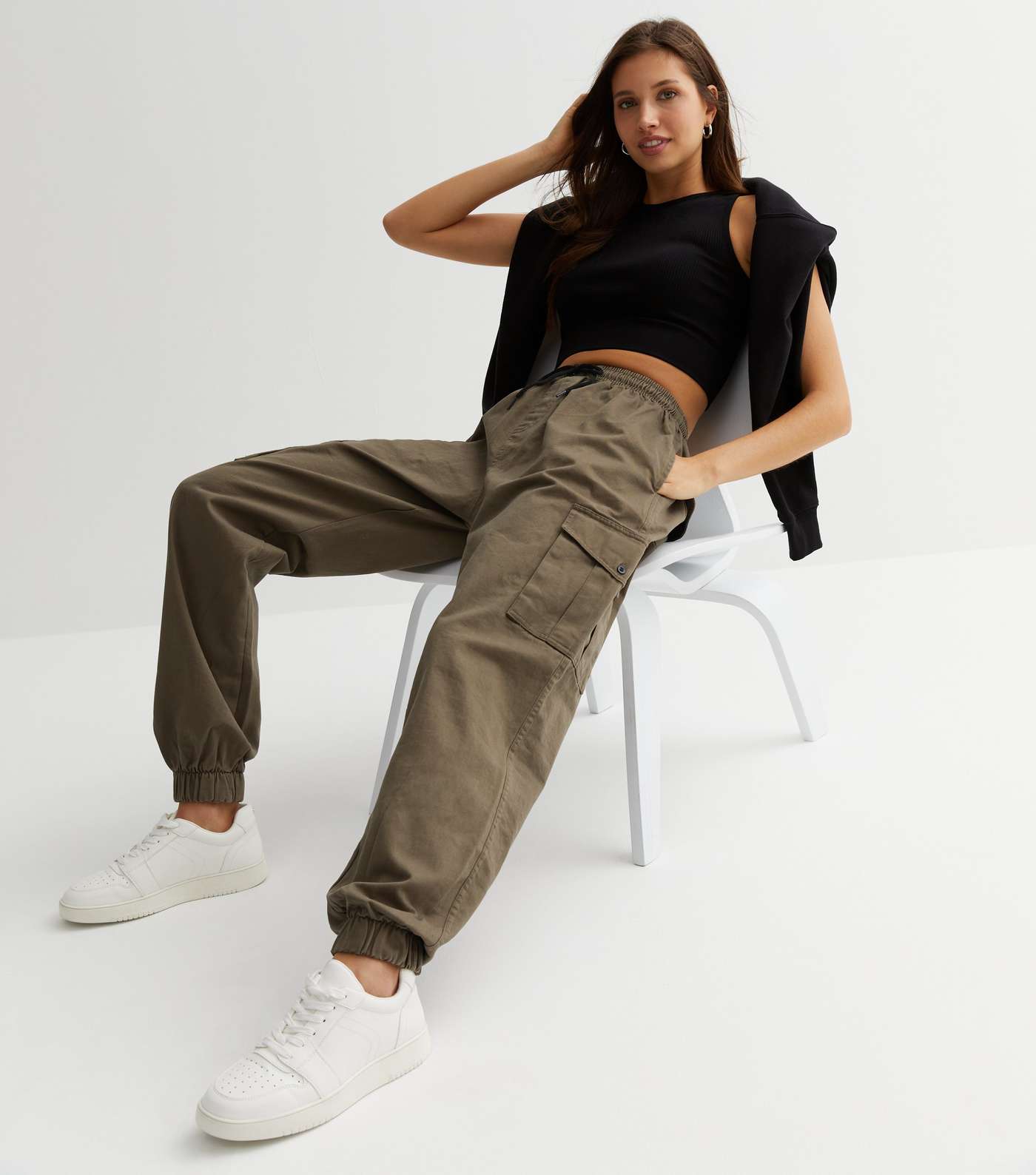 Urban Bliss Olive Twill Cuffed Cargo Trousers Image 2