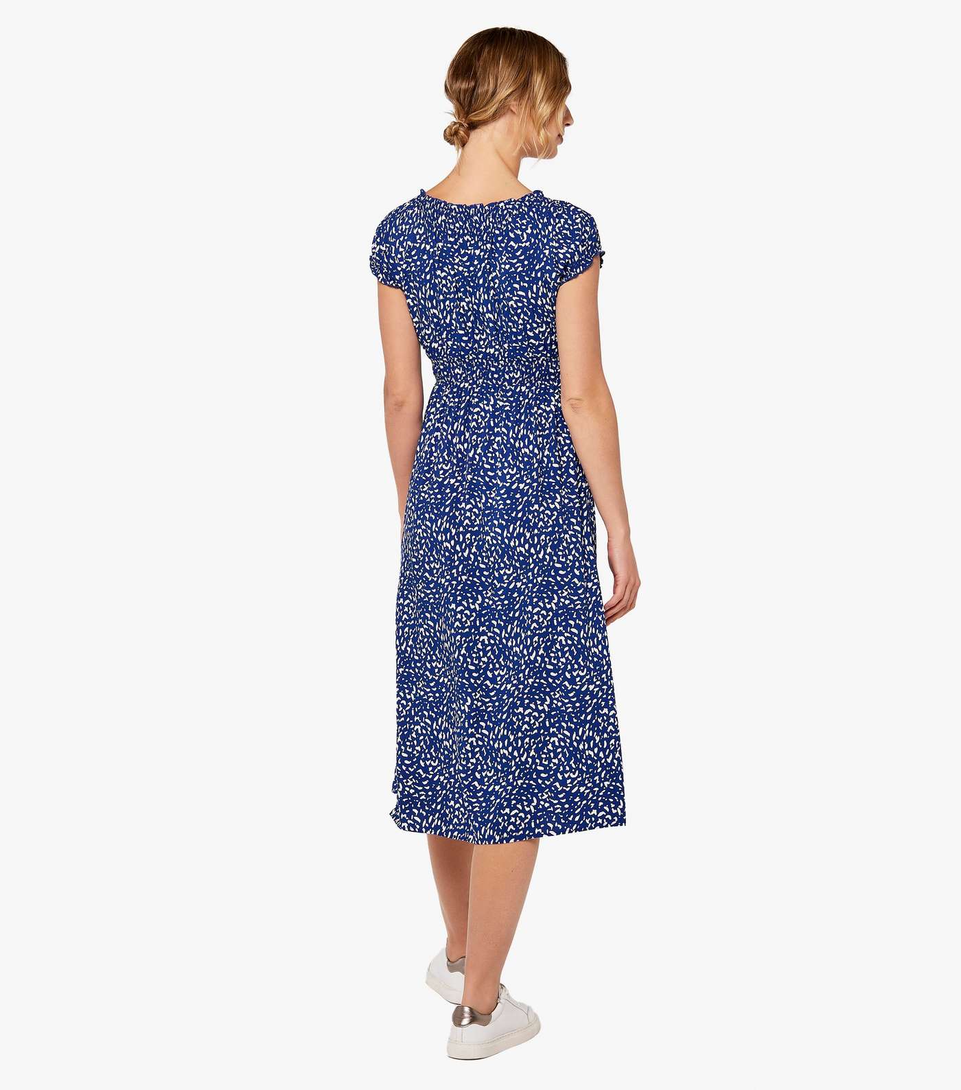 Apricot Blue Brushstroke Shirred Midi Dress Image 3