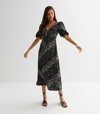 Influence Black Ditsy Floral Tie Front Midi Dress