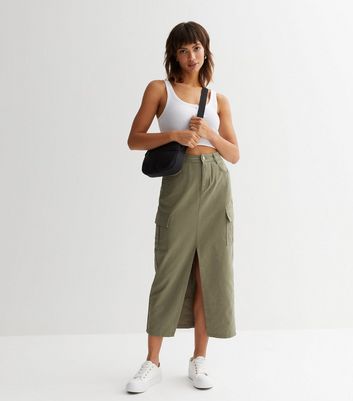 Olive Cargo Midi Skirt | New Look