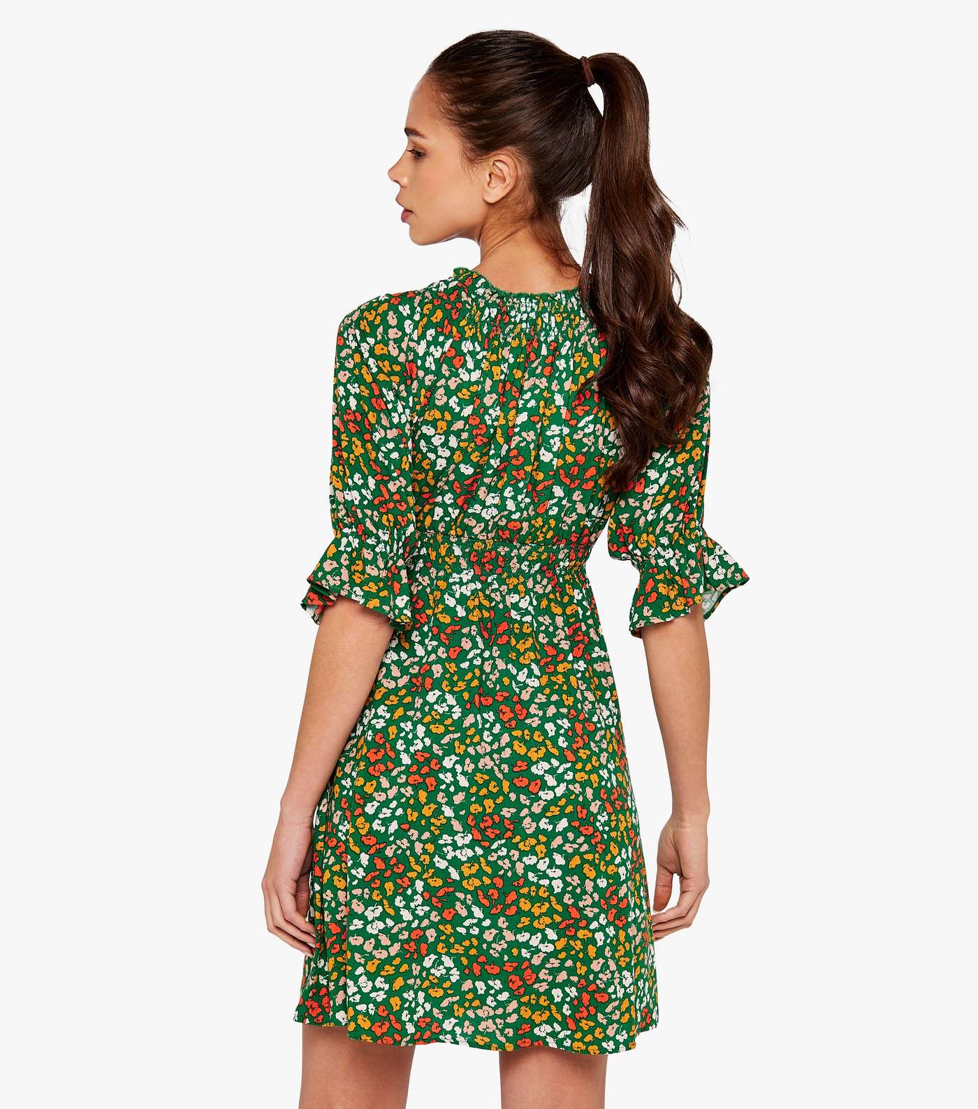 Apricot Green Ditsy Floral Shirred Square Neck Mini Dress Image 3
