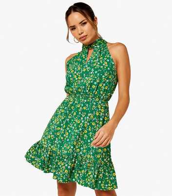 Apricot Green Ditsy Floral Keyhole Twist Halter Neck Mini Dress