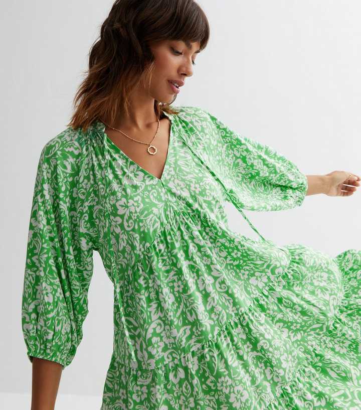 Green Floral Tiered Smock Mini Dress