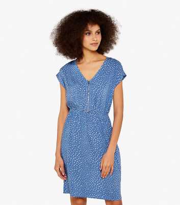 Apricot Blue Spot Zip Front V Neck Mini Dress