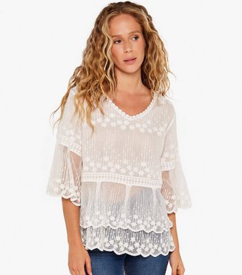 Apricot Cream Floral Embroidered Cream Mesh Tiered Top | New Look