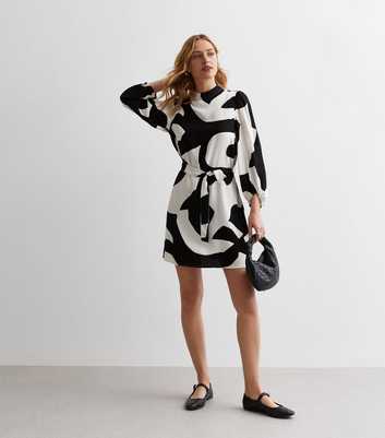 Black Swirl High Neck Belted Mini Dress