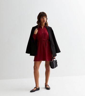 Dark Red Belted Mini Shirt Dress New Look