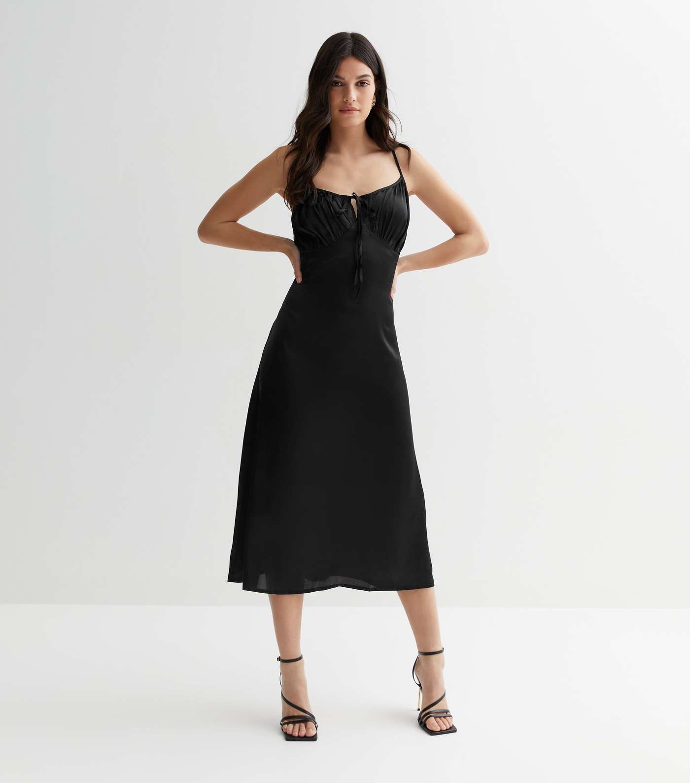 Influence Black Satin Ruched Tie Front Midi Dress