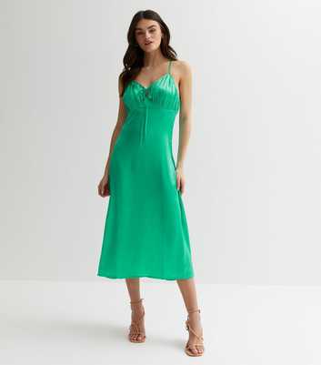 Influence Green Satin Ruched Tie Front Midi Dress