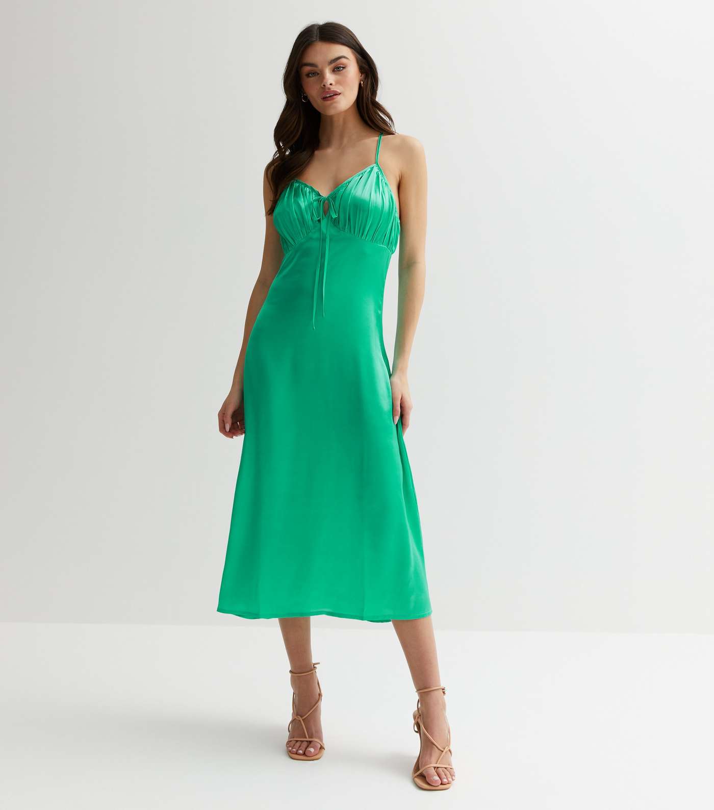 Influence Green Satin Ruched Tie Front Midi Dress