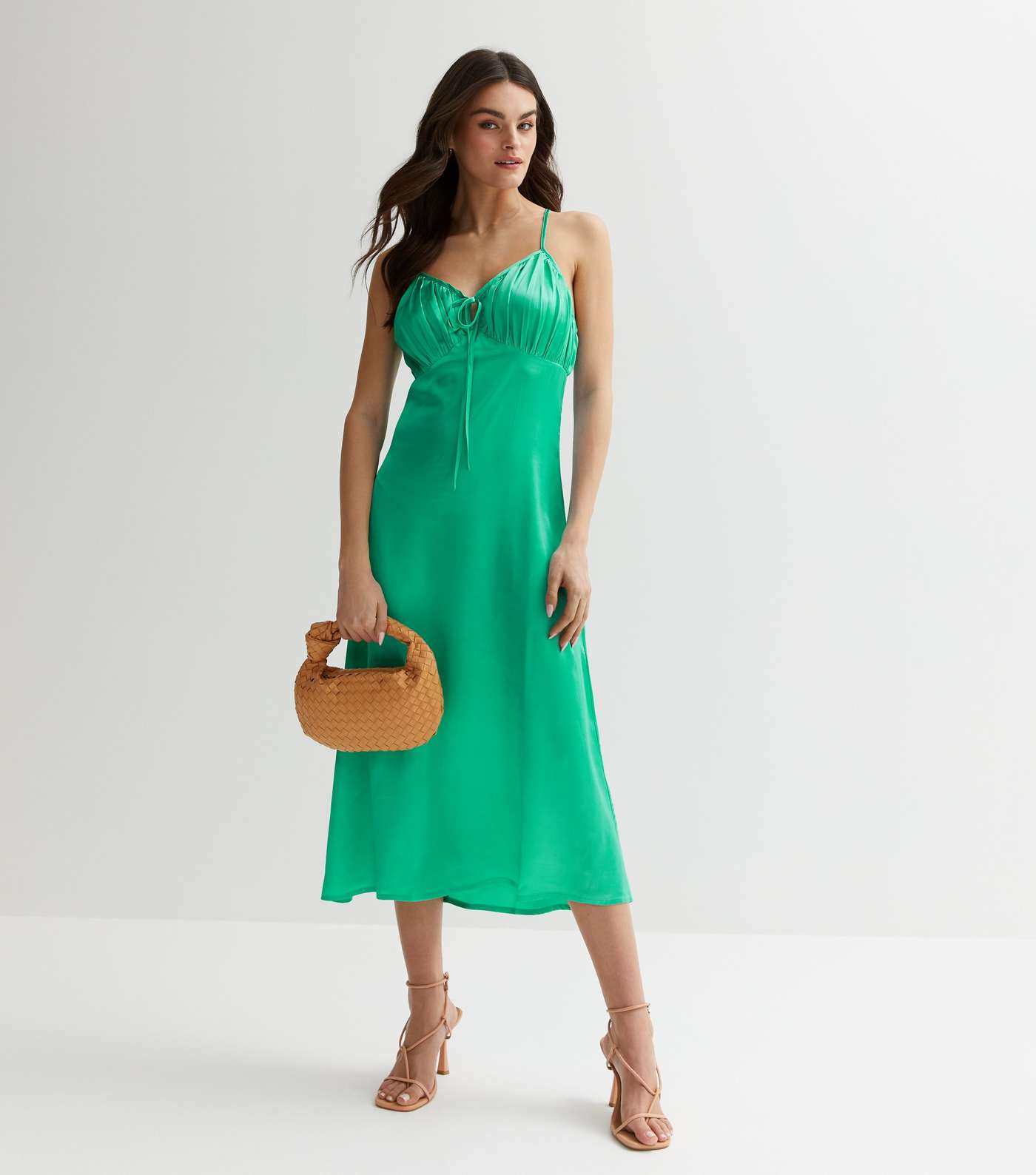 Influence Green Satin Ruched Tie Front Midi Dress Image 3