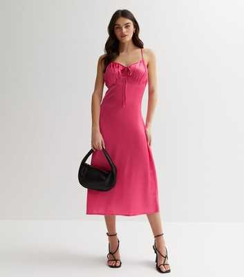 Influence Deep Pink Satin Ruched Tie Front Midi Dress