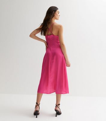 Influence Deep Pink Satin Ruched Tie Front Midi Dress New Look