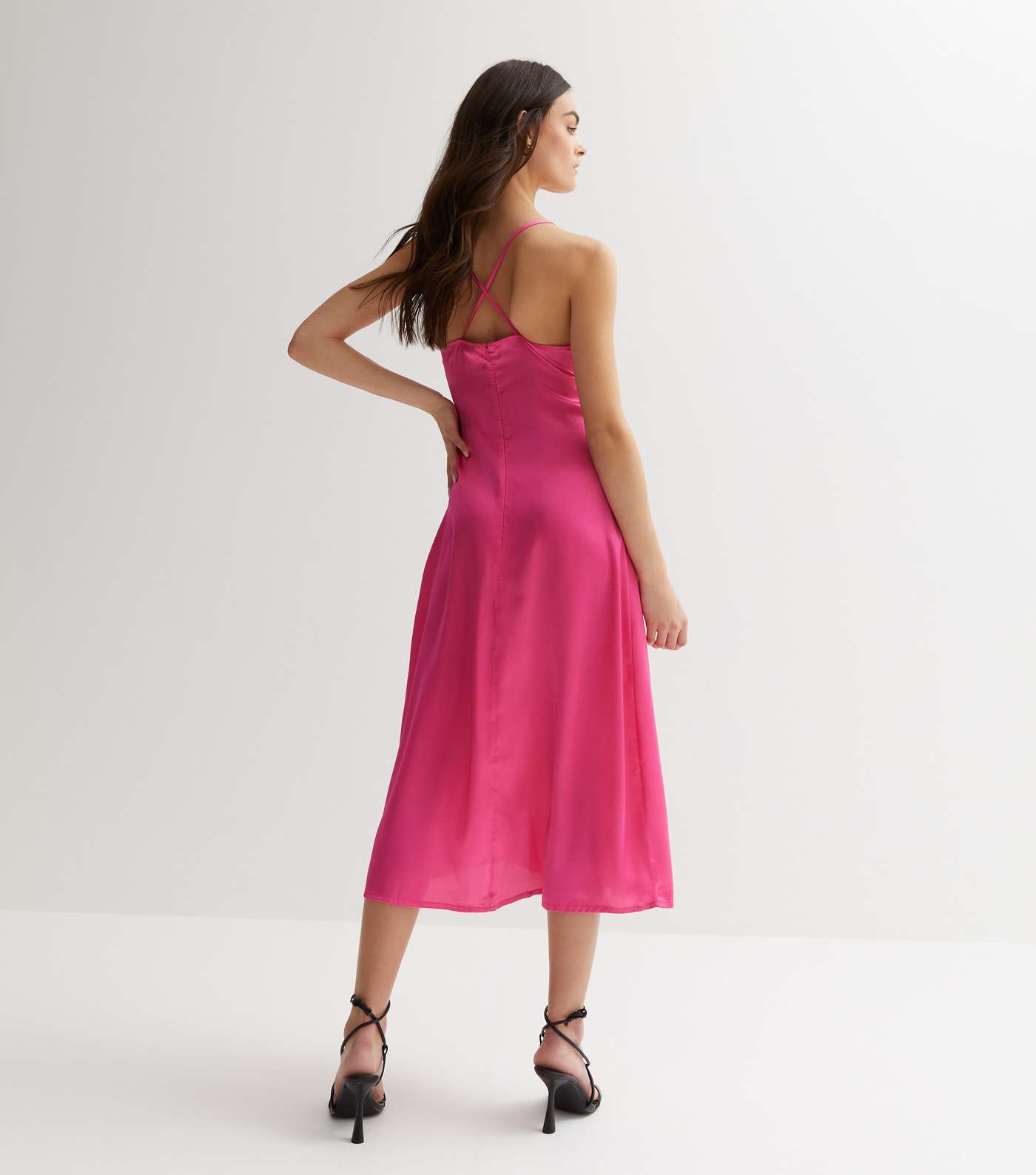 Influence Deep Pink Satin Ruched Tie Front Midi Dress Image 4