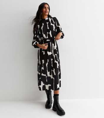Black Abstract Print High Neck Midaxi Dress