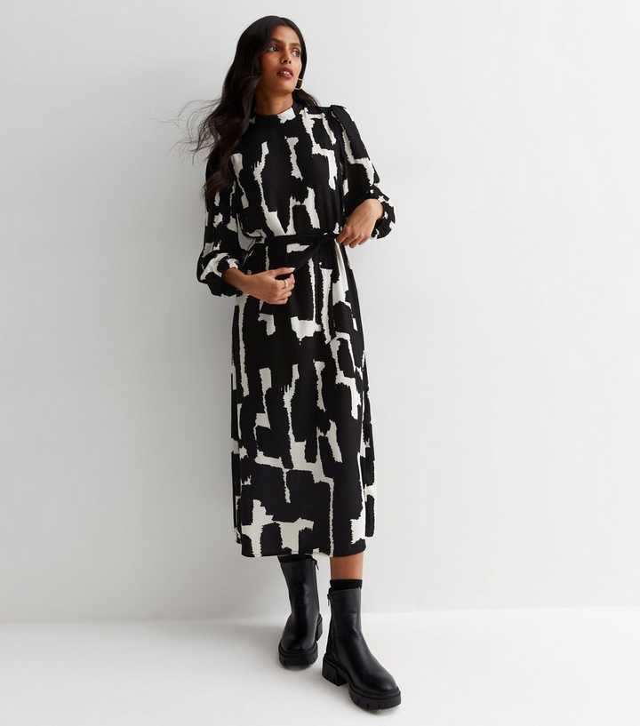 Black Abstract Print High Neck Midaxi Dress
