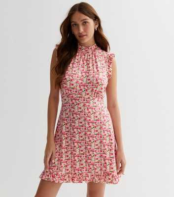 Pink Floral Frill Sleeveless Mini Dress
