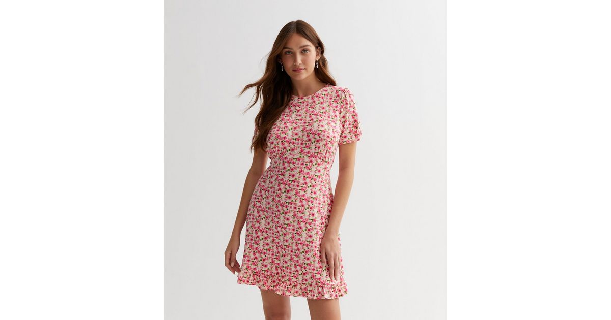 Women Brown Floral Frill Hem Short Dress