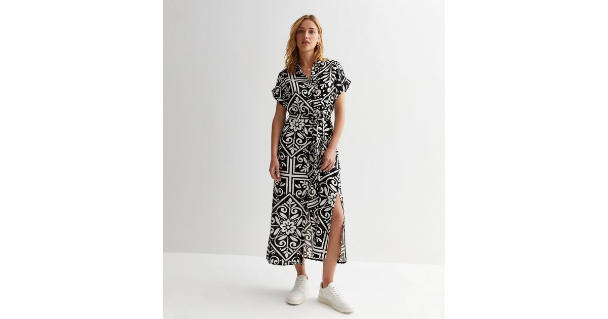 Black Tile Print Midaxi Shirt Dress | New Look