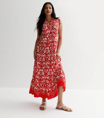 Red Abstract Tie Neck Smock Maxi Dress New Look