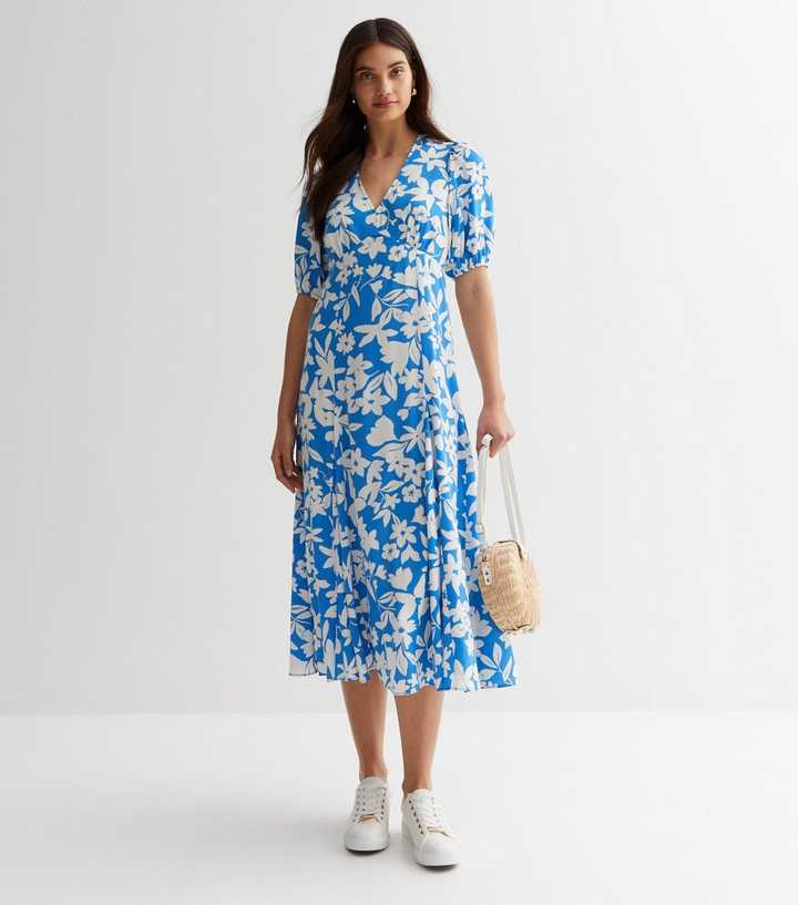 new look blue floral midi dress Blue Floral Puff Sleeve Midi Dress