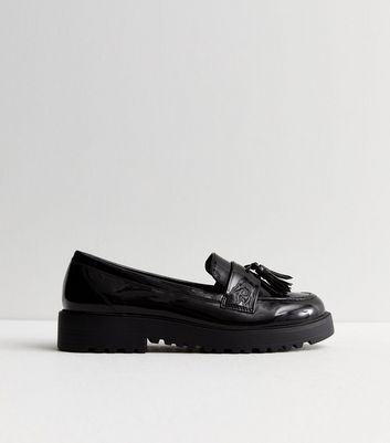 Black Patent Tassel Chunky Loafers New Look