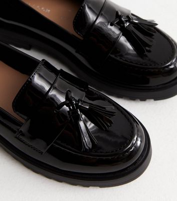 Black Patent Tassel Chunky Loafers New Look