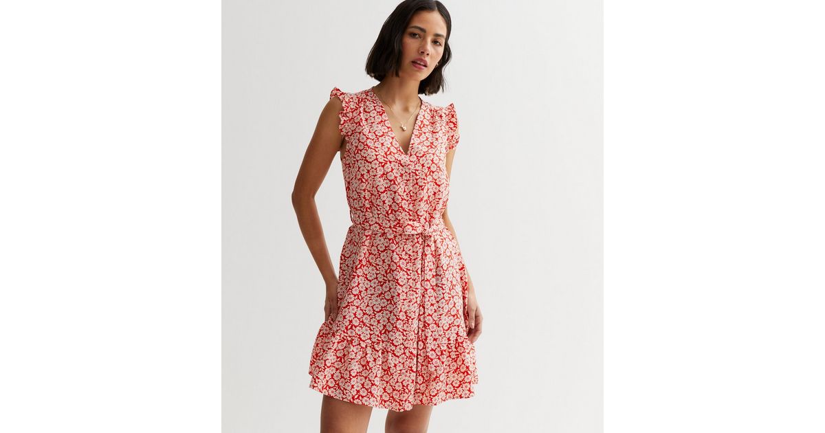 Red Floral Frill Sleeve Mini Dress | New Look