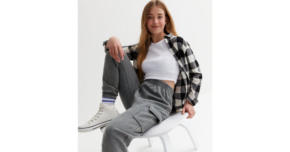 Girls Dark Grey Acid Wash Cargo Joggers