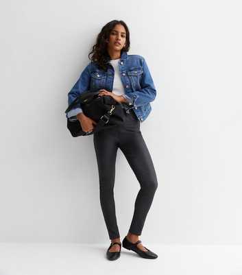 Black Coated Leather-Look Mid Rise Amie Skinny Jeans