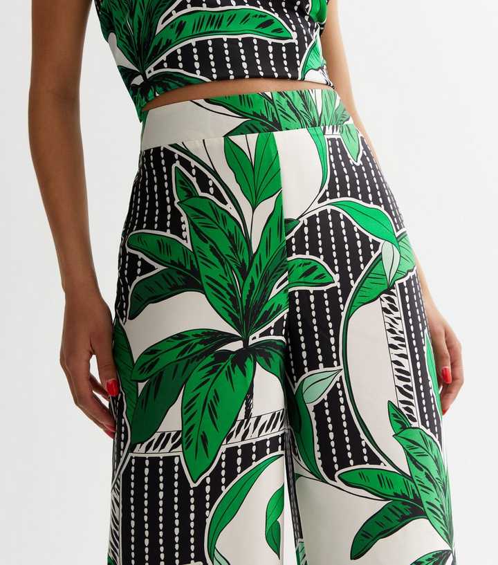 Black Tropical Print Satin Wide Leg Trousers