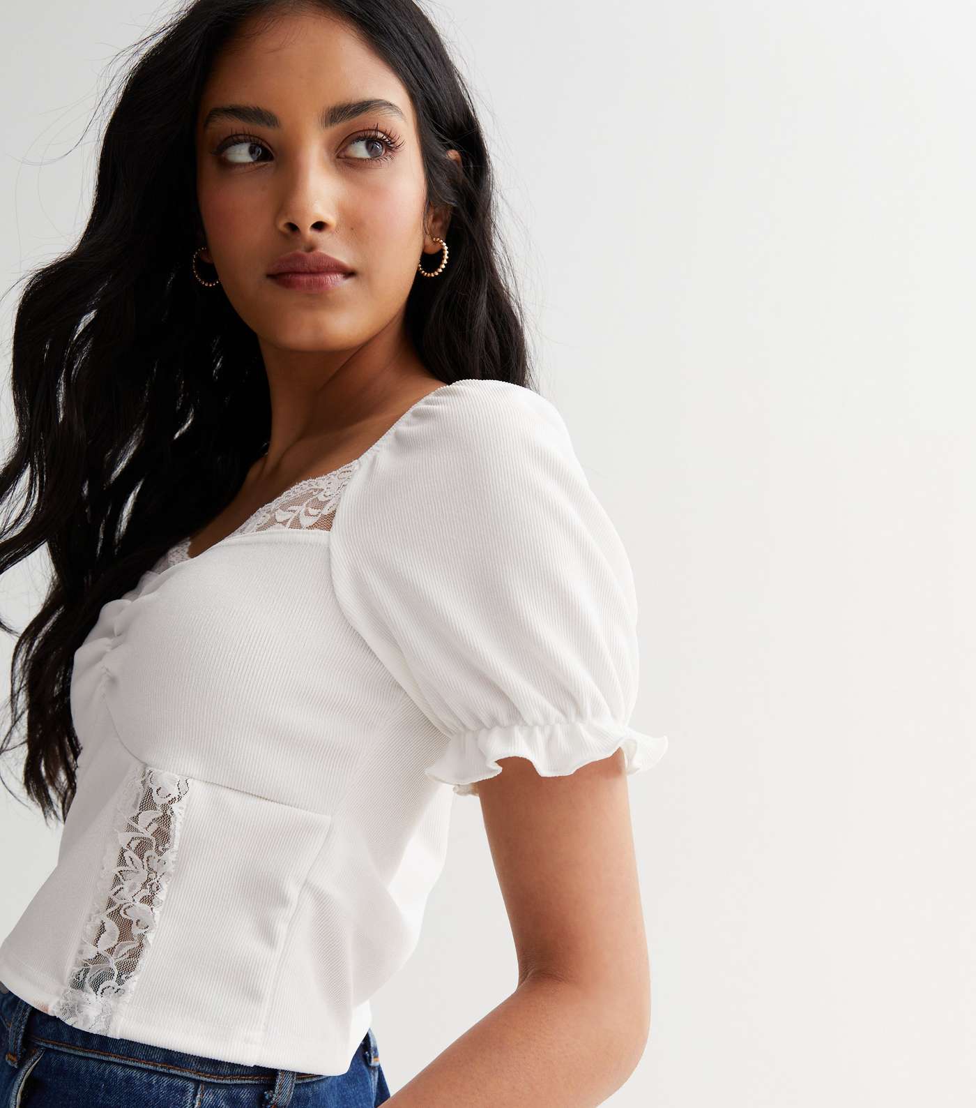 Off White Ribbed Lace Trim Top | New Look