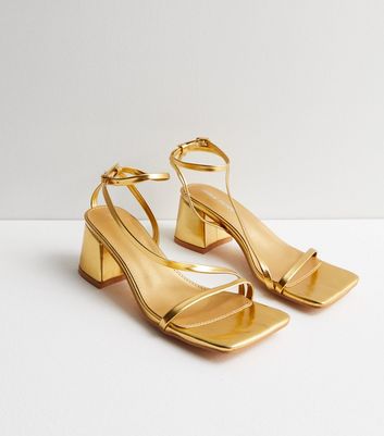 Public Desire Gold 2 Part Mid Block Heel Sandals New Look
