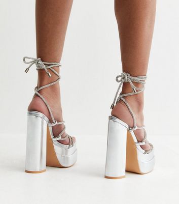 Kamila Silver Wrap Around Diamante Bow Square Toe Block Heels | Public  Desire