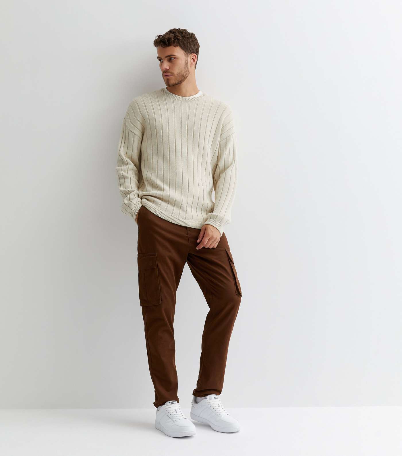 Dark Brown Cotton Tapered Cargo Trousers Image 2