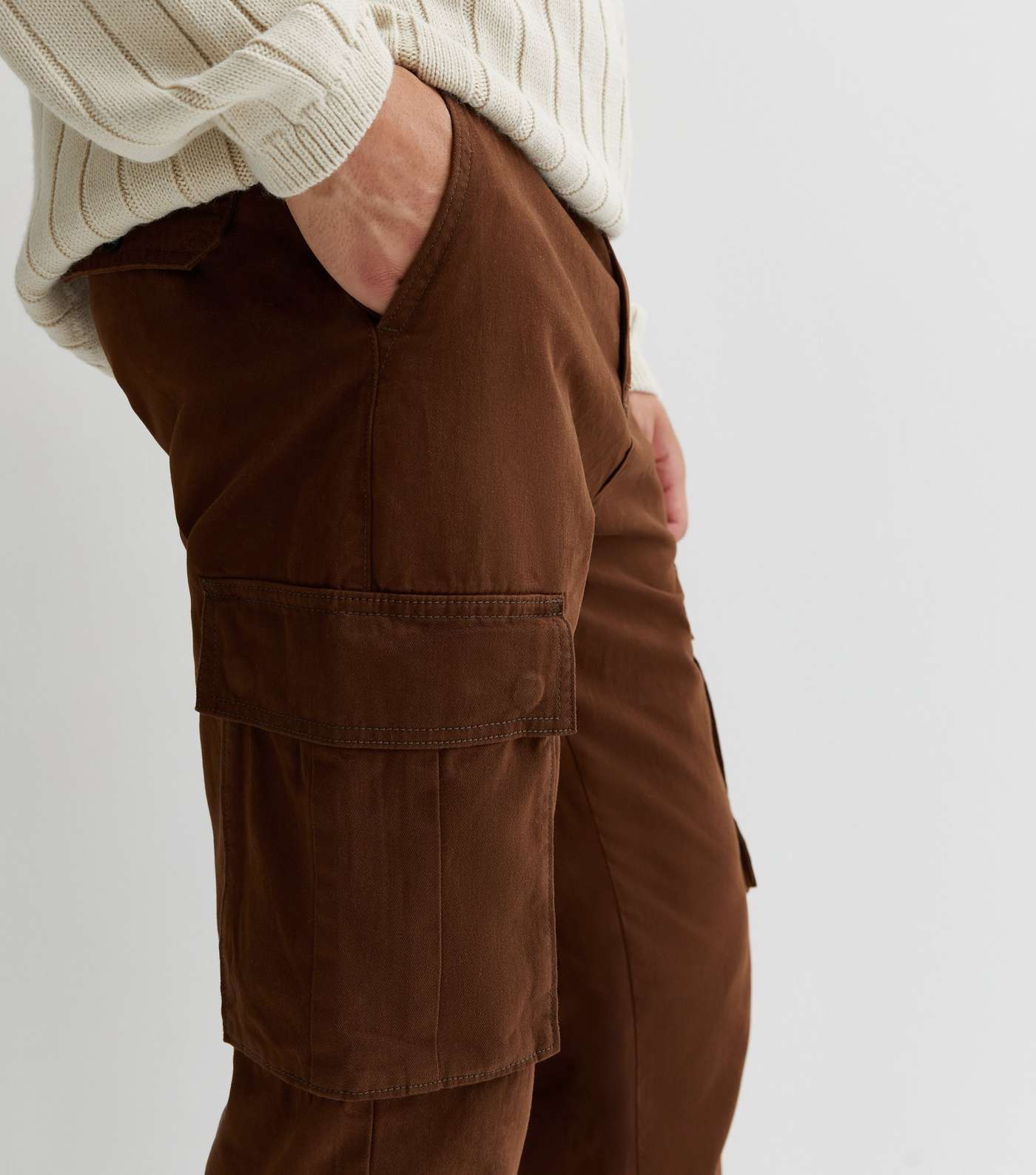 Dark Brown Cotton Tapered Cargo Trousers Image 4